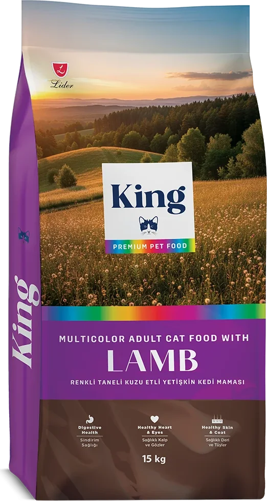 King Renkli Taneli Kuzu Etli Kedi Maması ambalajı